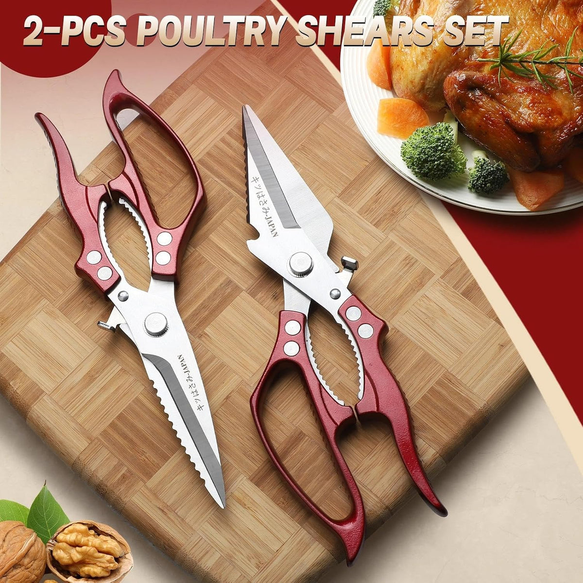 Freelander Poultry Shears Set Red - All Purpose Heavy Duty Kitchen Shears