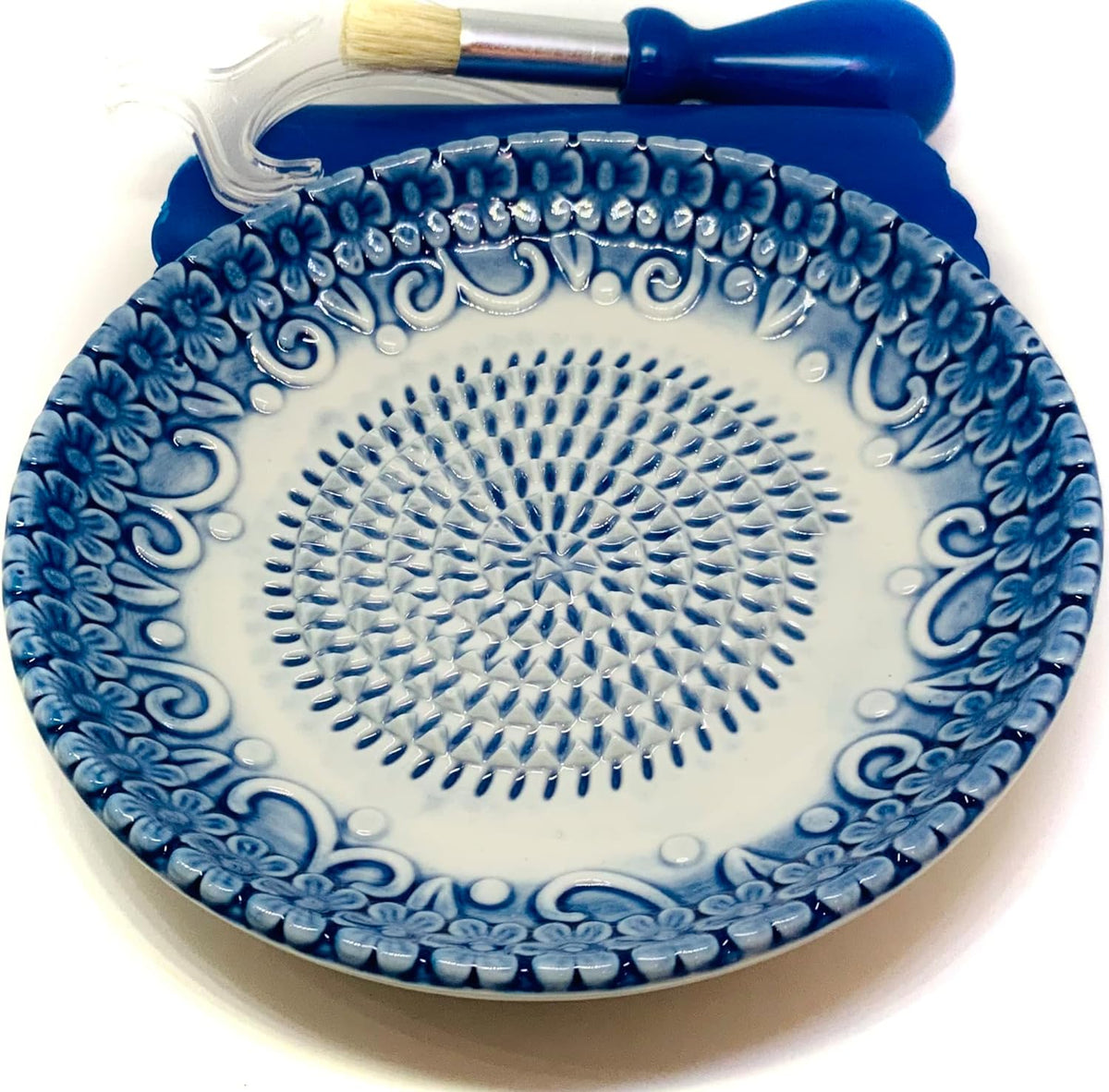 BonCera, Premium Ceramic Garlic Grater Plate Set - Blue Embossed