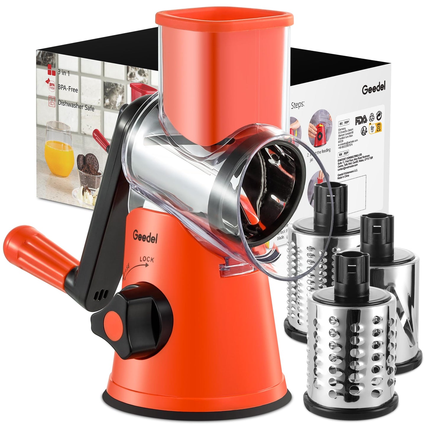 Geedel Rotary Cheese Grater Hand Crank, Cheese Shredder Vegetable Slicer