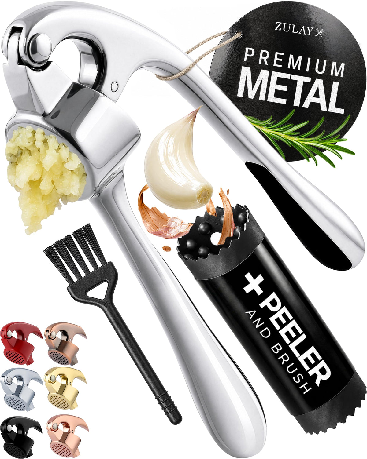 Zulay Kitchen Large Premium Garlic Press Set - Bigger Bowl for Bigger Garlic - Rust Proof Garlic Mincer Tool - Easy-Squeeze, Easy-Clean Silicone Garlic Peeler & Brush (Silver)