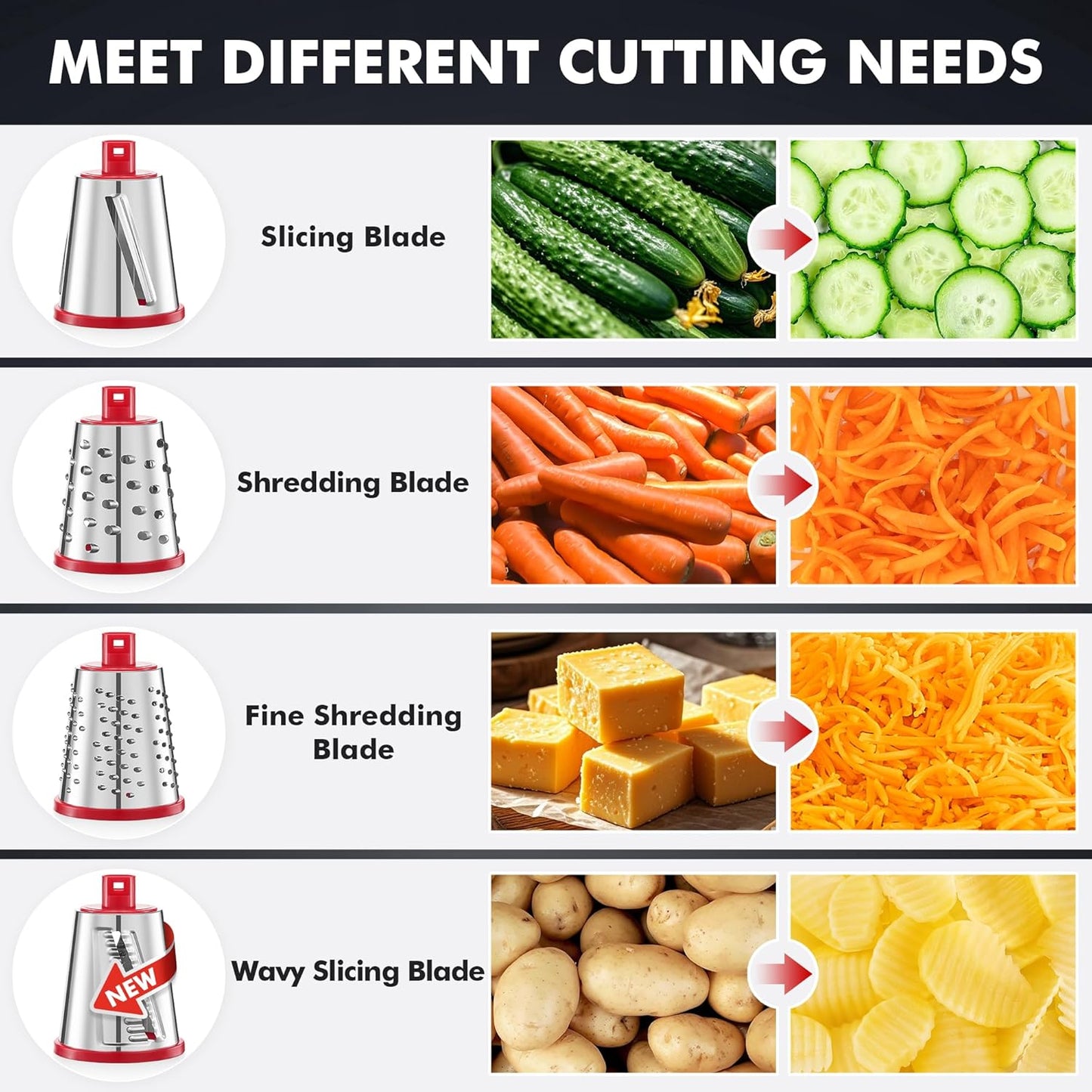 Geedel Upgraded Rotary Cheese Grater Hand Crank, Vegetable Shredder Slicer | 4 Blades, Stronger Suction Base, Wider Chute, 18x Faster Cutting, No BPA, Stainless Steel, for Cheese, Veggies, Nut