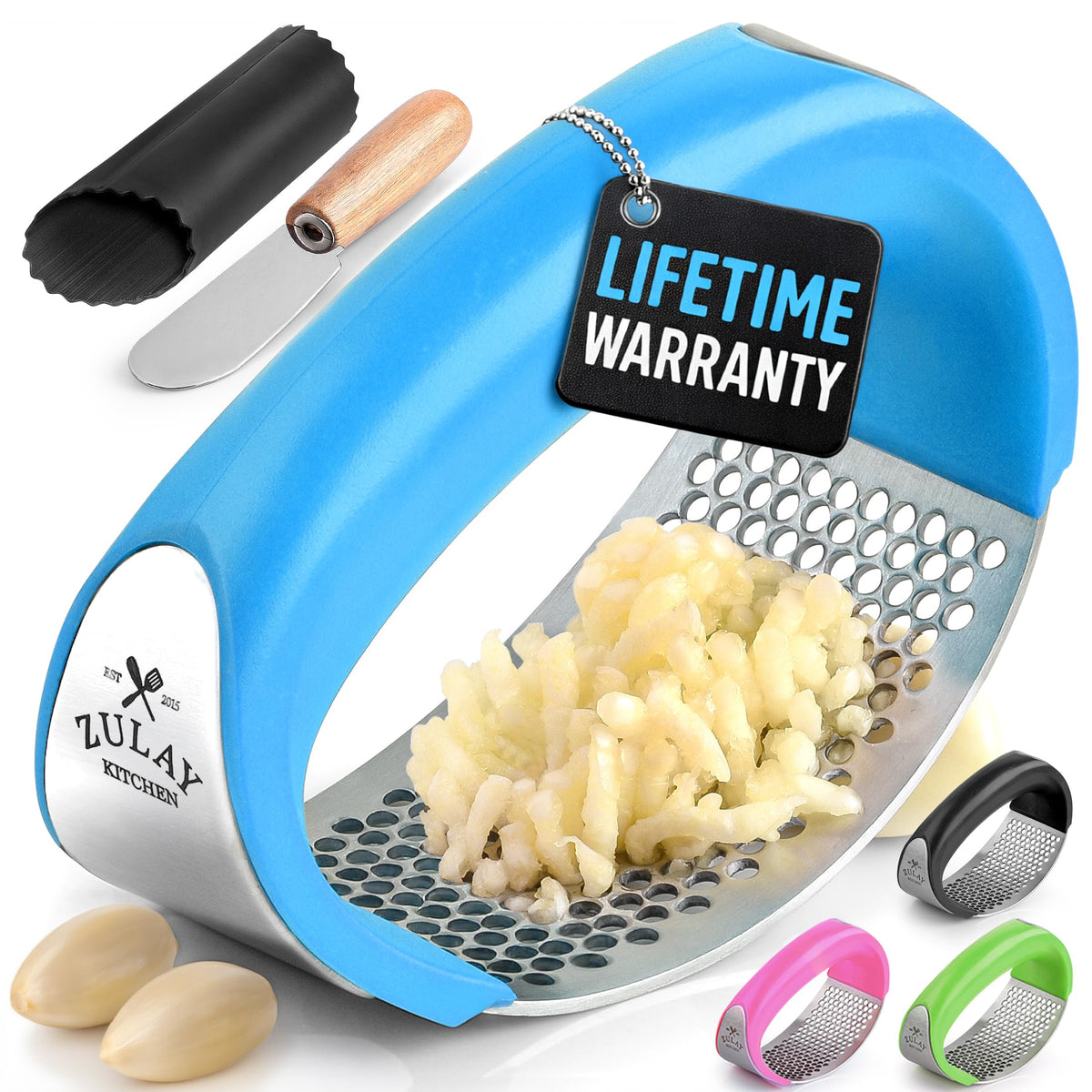Zulay Kitchen Stainless Steel Garlic Press Rocker Set - Premium Garlic Mincer Garlic Crusher - New Innovative Garlic Crusher with Peeler and Scraper - Comfortable Grip (Black)