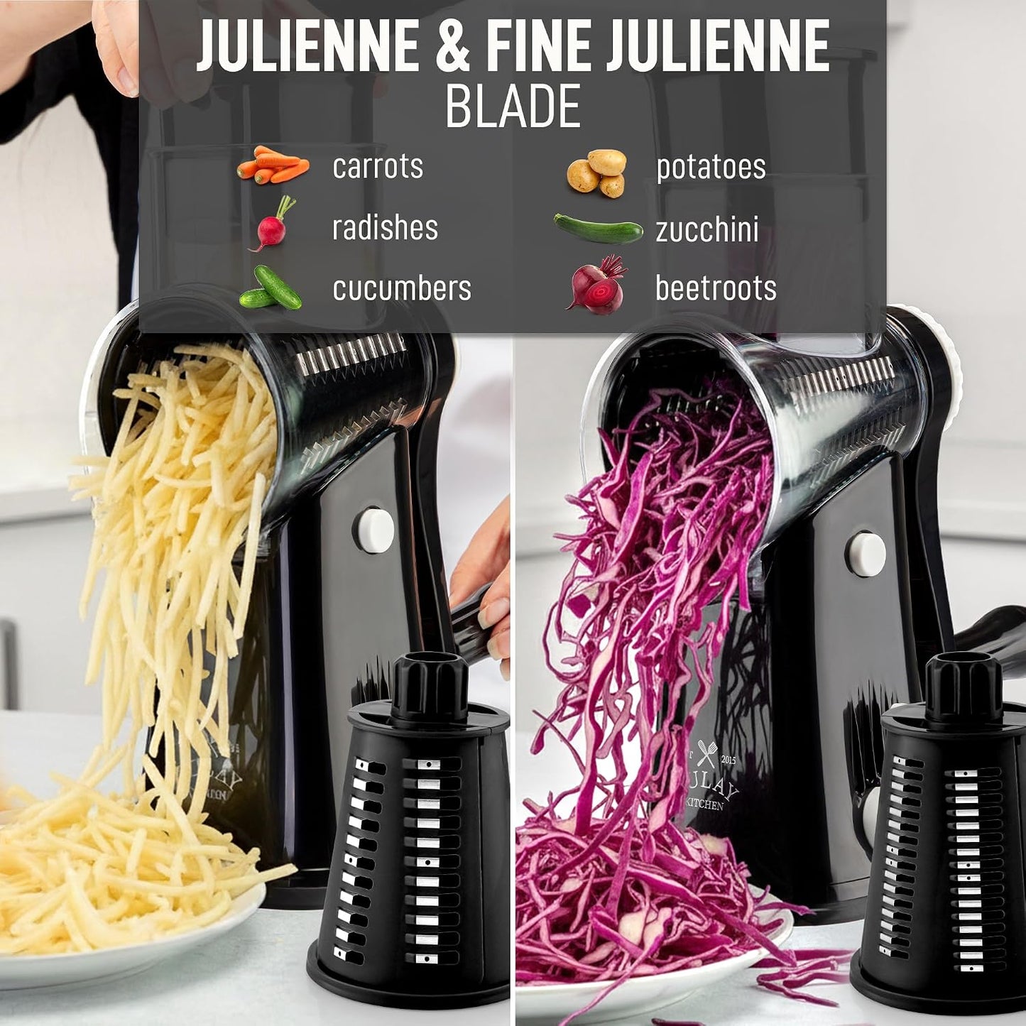 Zulay Kitchen Rotary Cheese Grater 5 Blade Cheese Shredder - Manual Hand Crank Cheese Grater With Reinforced Suction & 5 Interchangeable Drums - Easy to Use, Vegetable Chopper Round Mandoline Slicer