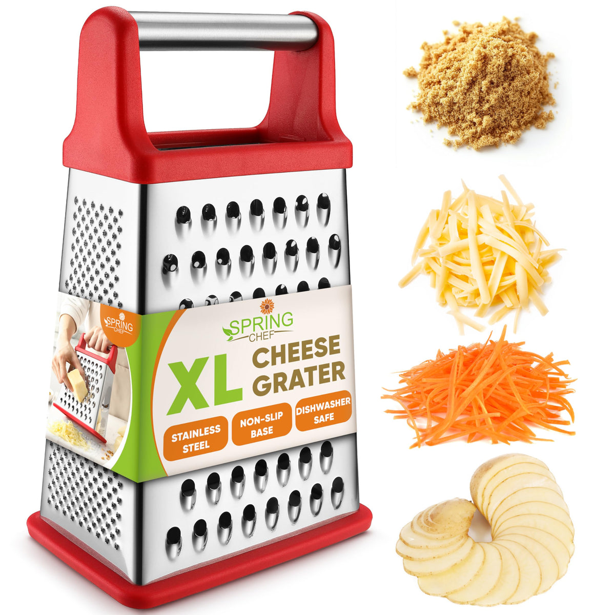 Spring Chef Stainless Steel XL Cheese Grater for Kitchen, Black