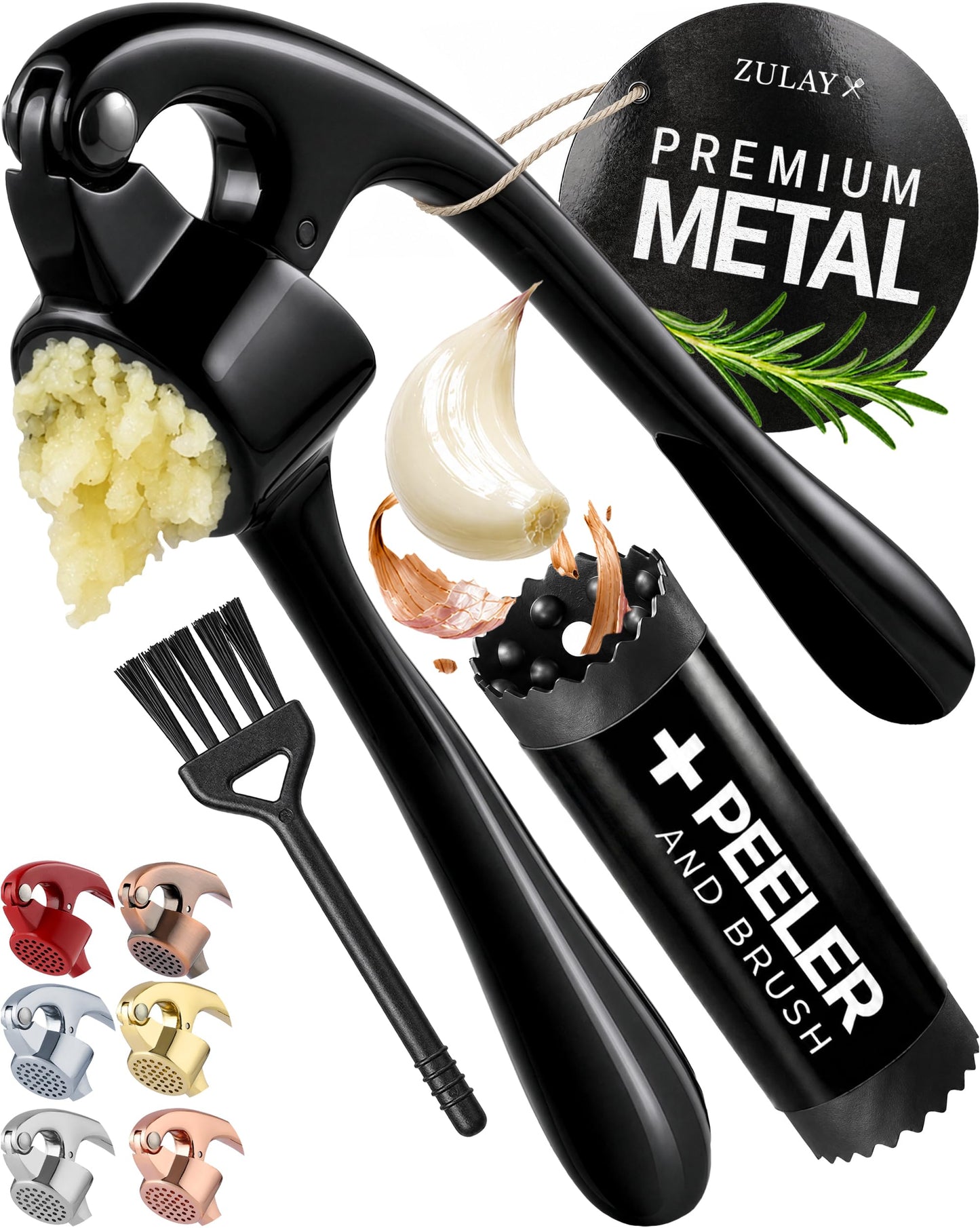 Zulay Kitchen Stainless Steel Garlic Press Rocker Set - Time Saving, Durable Strong Garlic Mincer Tool - Easy to Use & Clean Garlic Crusher Set with Peeler and Scraper Kitchen Gadget Smasher