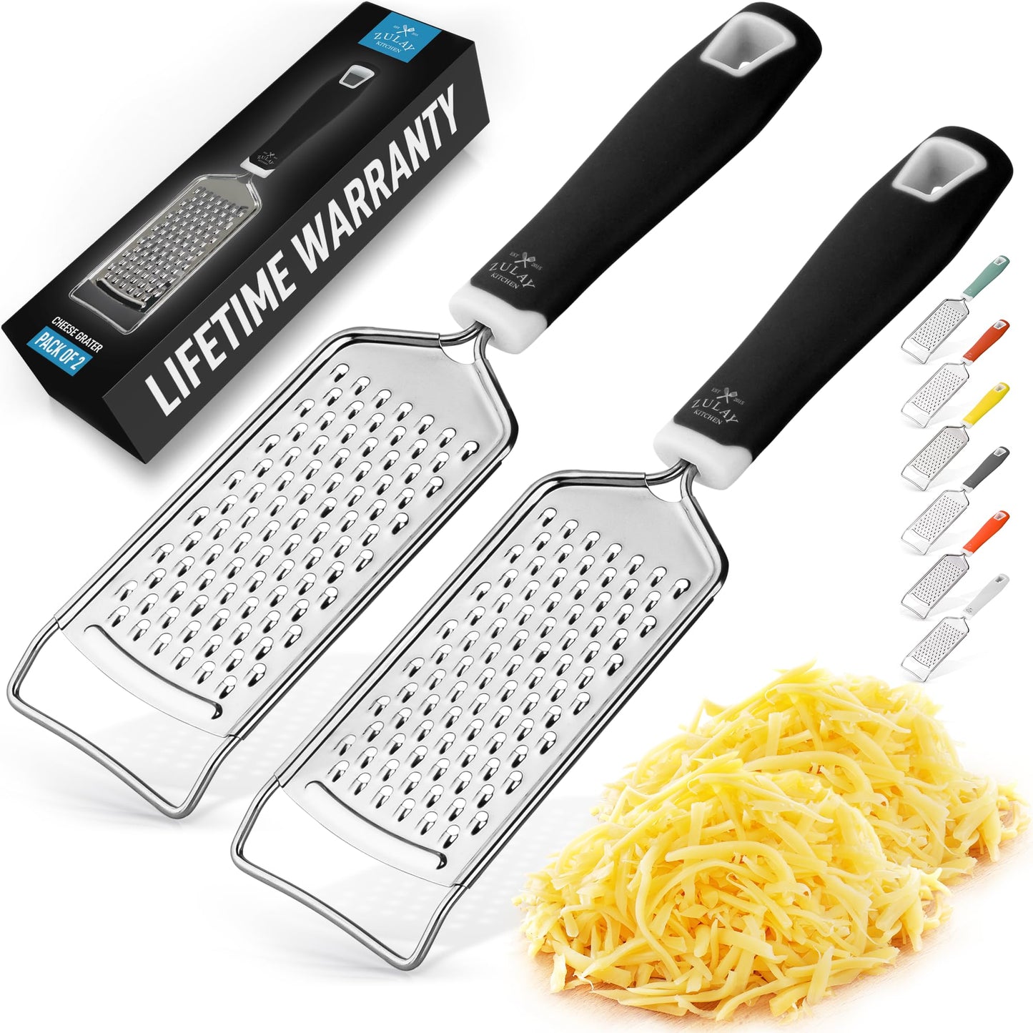 Zulay Kitchen Professional Cheese Grater Stainless Steel - Durable Rust-Proof Metal Lemon Zester Grater With Handle - Flat Handheld Grater For Cheese, Chocolate, Spices, And More - Black