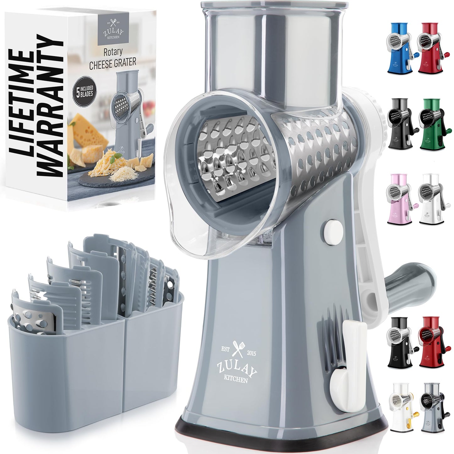 Zulay Kitchen Rotary Cheese Grater 5 Blade Cheese Shredder - Manual Hand Crank Cheese Grater With Reinforced Suction & 5 Interchangeable Drums - Easy to Use, Vegetable Chopper Round Mandoline Slicer