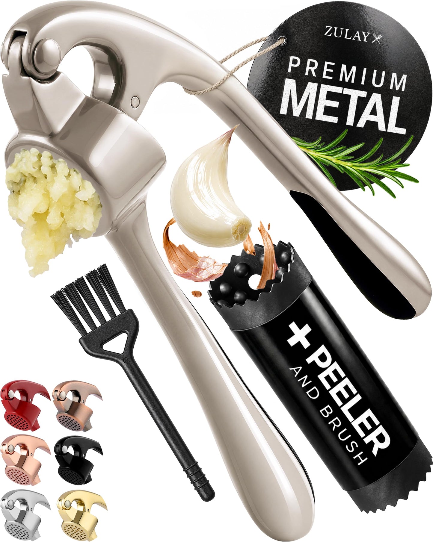 Zulay Kitchen Large Premium Garlic Press Set - Bigger Bowl for Bigger Garlic - Rust Proof Garlic Mincer Tool - Easy-Squeeze, Easy-Clean Silicone Garlic Peeler & Brush (Silver)