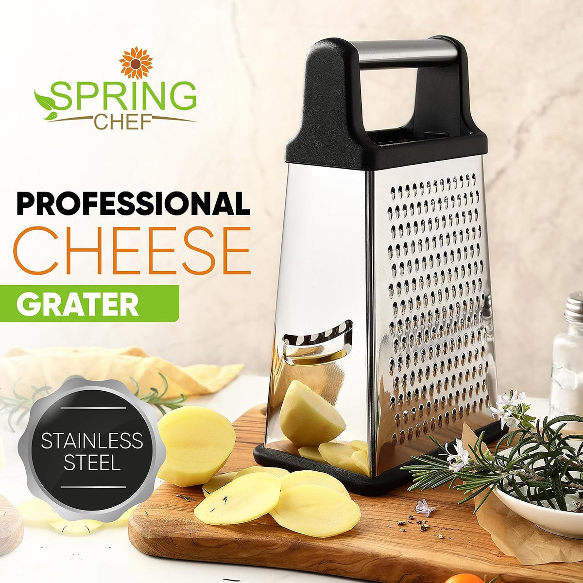 Spring Chef Stainless Steel XL Cheese Grater for Kitchen, Black