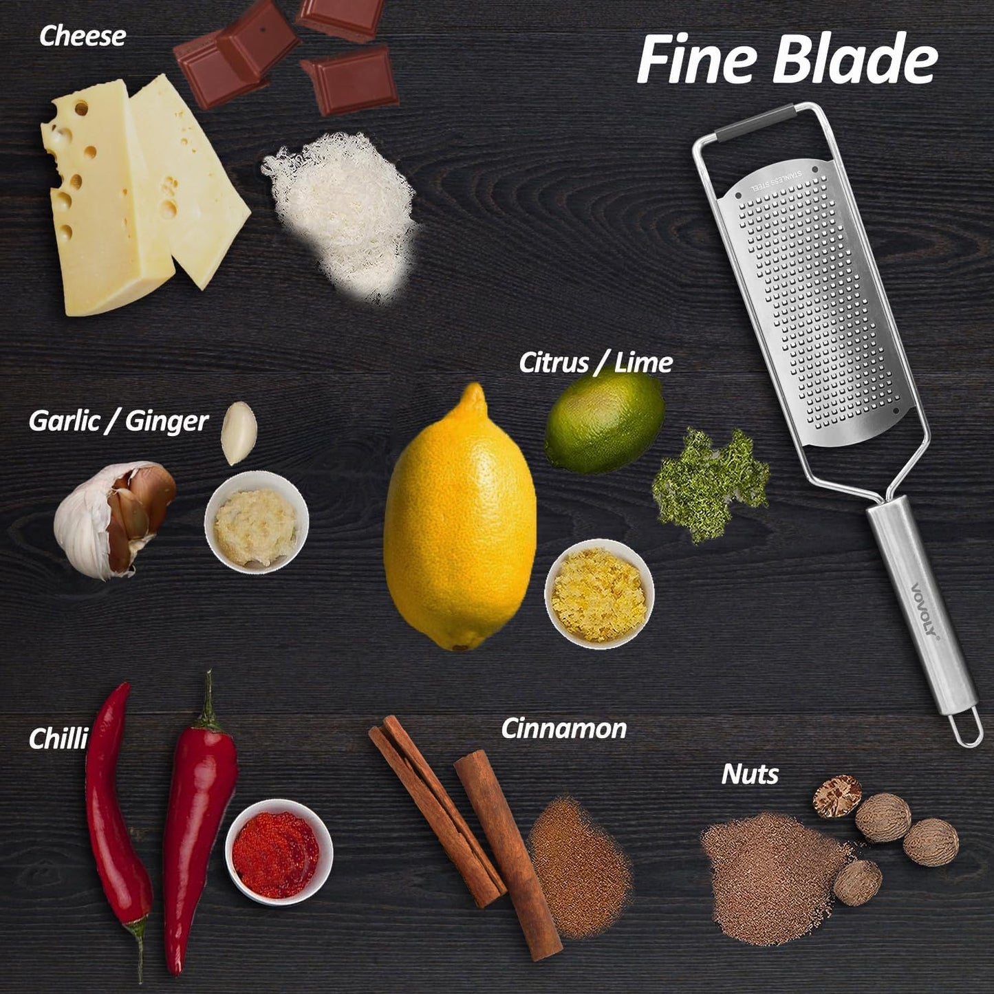 VOVOLY Zester Grater Set, 4 Pack-Fine/Coarse/Extra Coarse/Slider Attachment