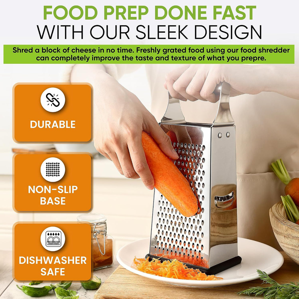 Spring Chef Stainless Steel Cheese Grater, Large Box Grater for Kitchen