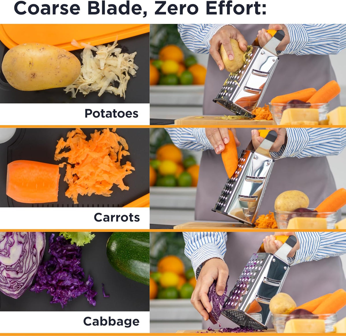 Deiss PRO Box Grater & Cheese Graters for Kitchen - Stainless Steel Cheese Grater and Food Shredder, 4 Sided Hand Grater for Block Cheese, Vegetables Non-Slip Base, Dishwasher Safe