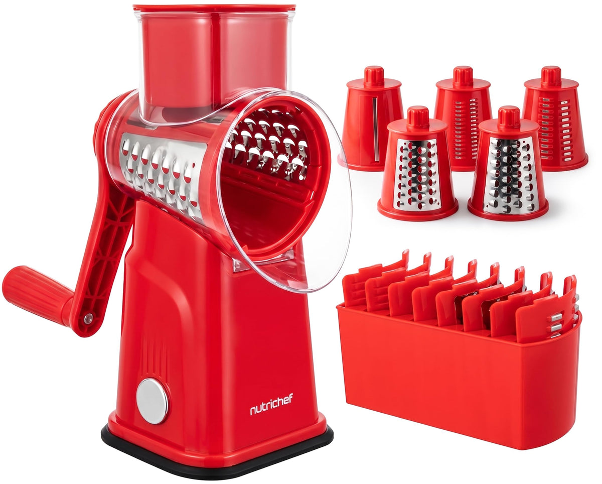 NutriChef 5 in 1 Cheese Grater & Shredder | 5 Different Blades for Thin, Thick, Julienne Strips, Wavy, & Straight Strips | Includes Hand Crank, Strong Suction Base & Storage Container | Blue