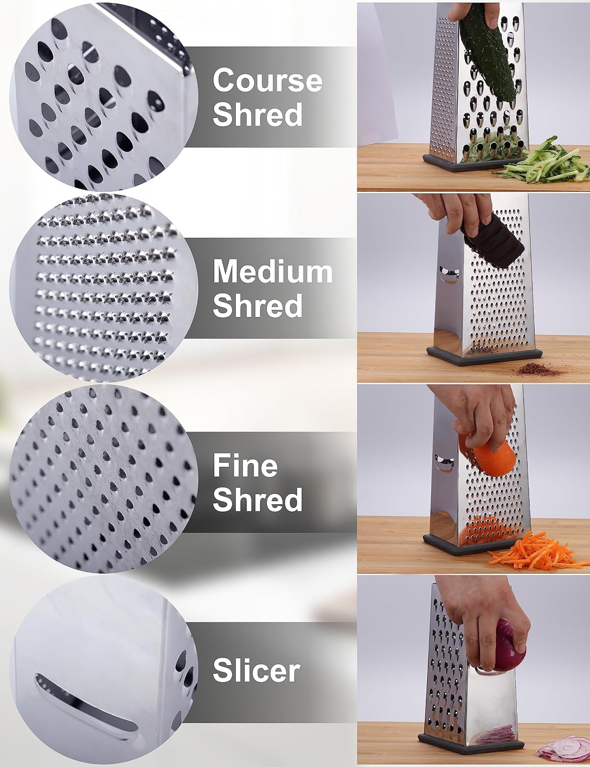 Kaishun Cheese Grater, 4-Sided Box Grater for Cheese, Vegetable & Fruit