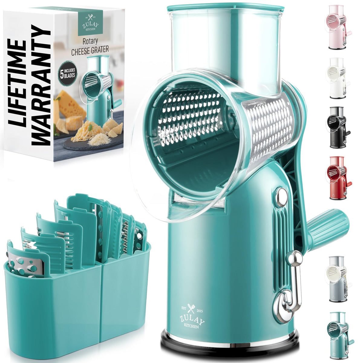 Zulay Kitchen Rotary Cheese Grater 5 Blade Cheese Shredder - Manual Hand Crank Cheese Grater With Reinforced Suction & 5 Interchangeable Drums - Easy to Use, Vegetable Chopper Round Mandoline Slicer