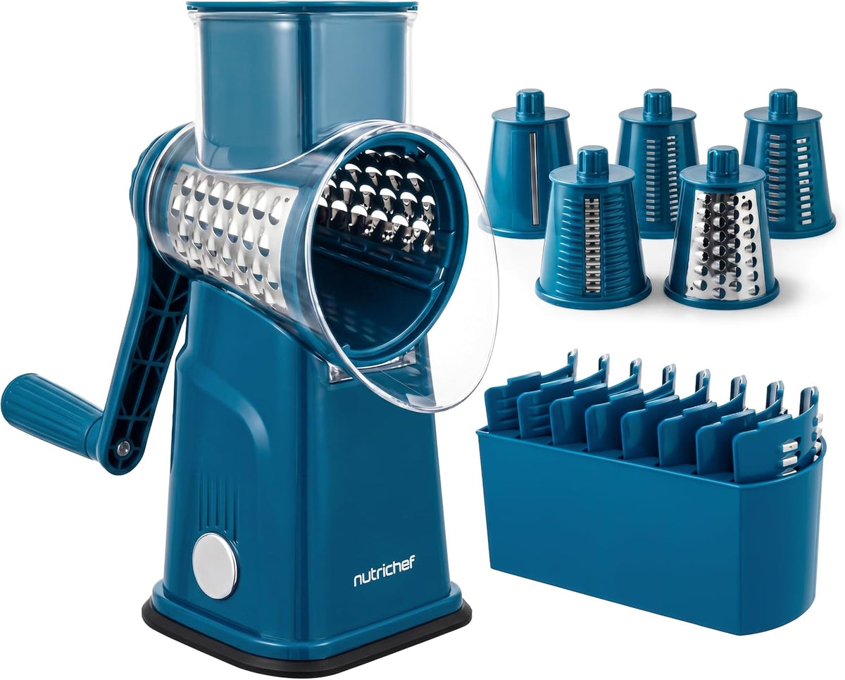 NutriChef 5 in 1 Cheese Grater & Shredder | 5 Different Blades for Thin, Thick, Julienne Strips, Wavy, & Straight Strips | Includes Hand Crank, Strong Suction Base & Storage Container | Blue