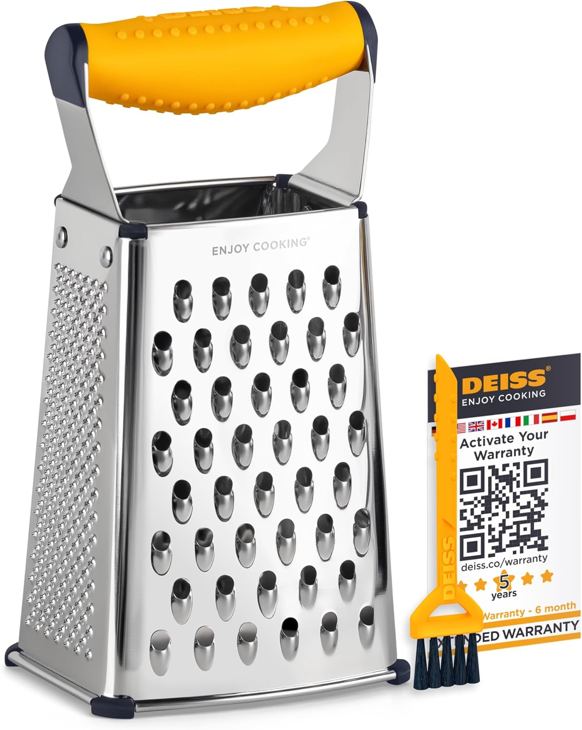 Deiss PRO Box Grater & Cheese Graters for Kitchen - Stainless Steel Cheese Grater and Food Shredder, 4 Sided Hand Grater for Block Cheese, Vegetables Non-Slip Base, Dishwasher Safe