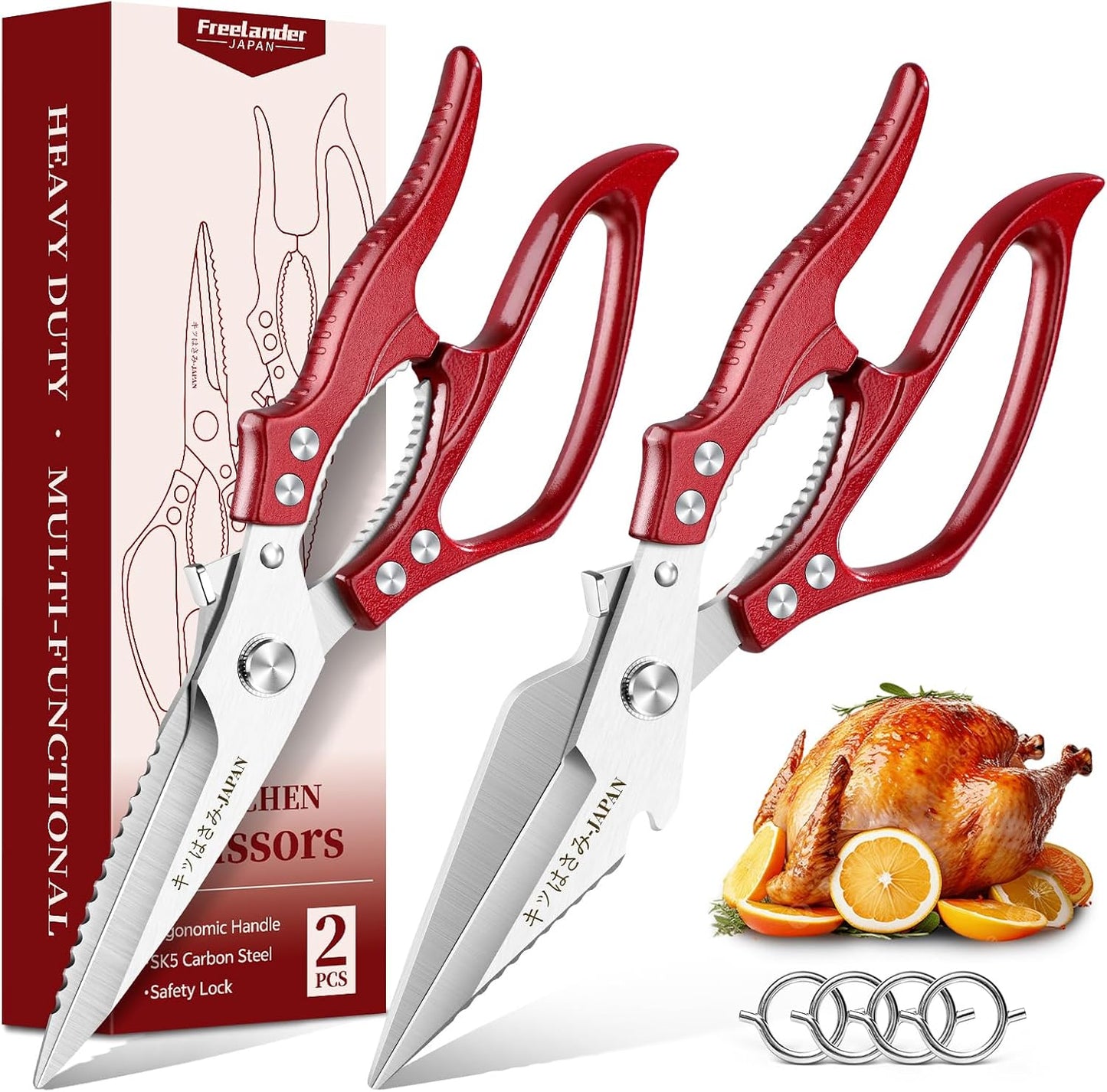 Freelander Poultry Shears Set Red - All Purpose Heavy Duty Kitchen Shears