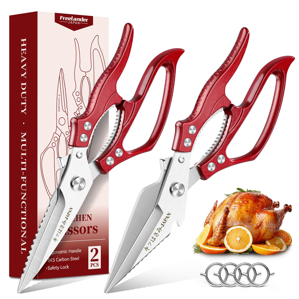 Freelander Poultry Shears Set Red - All Purpose Heavy Duty Kitchen Shears
