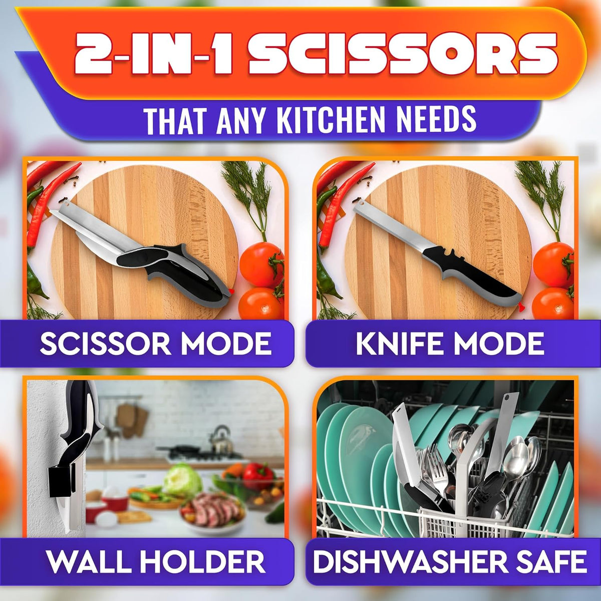 2 in 1 Kitchen Scissors for Food with Cutting Board, Safety Lock