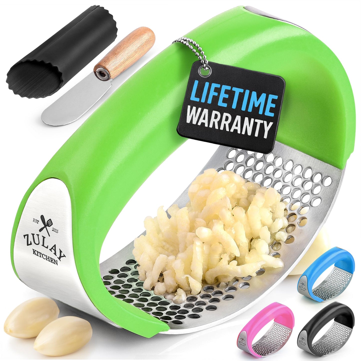 Zulay Kitchen Stainless Steel Garlic Press Rocker Set - Premium Garlic Mincer Garlic Crusher - New Innovative Garlic Crusher with Peeler and Scraper - Comfortable Grip (Black)