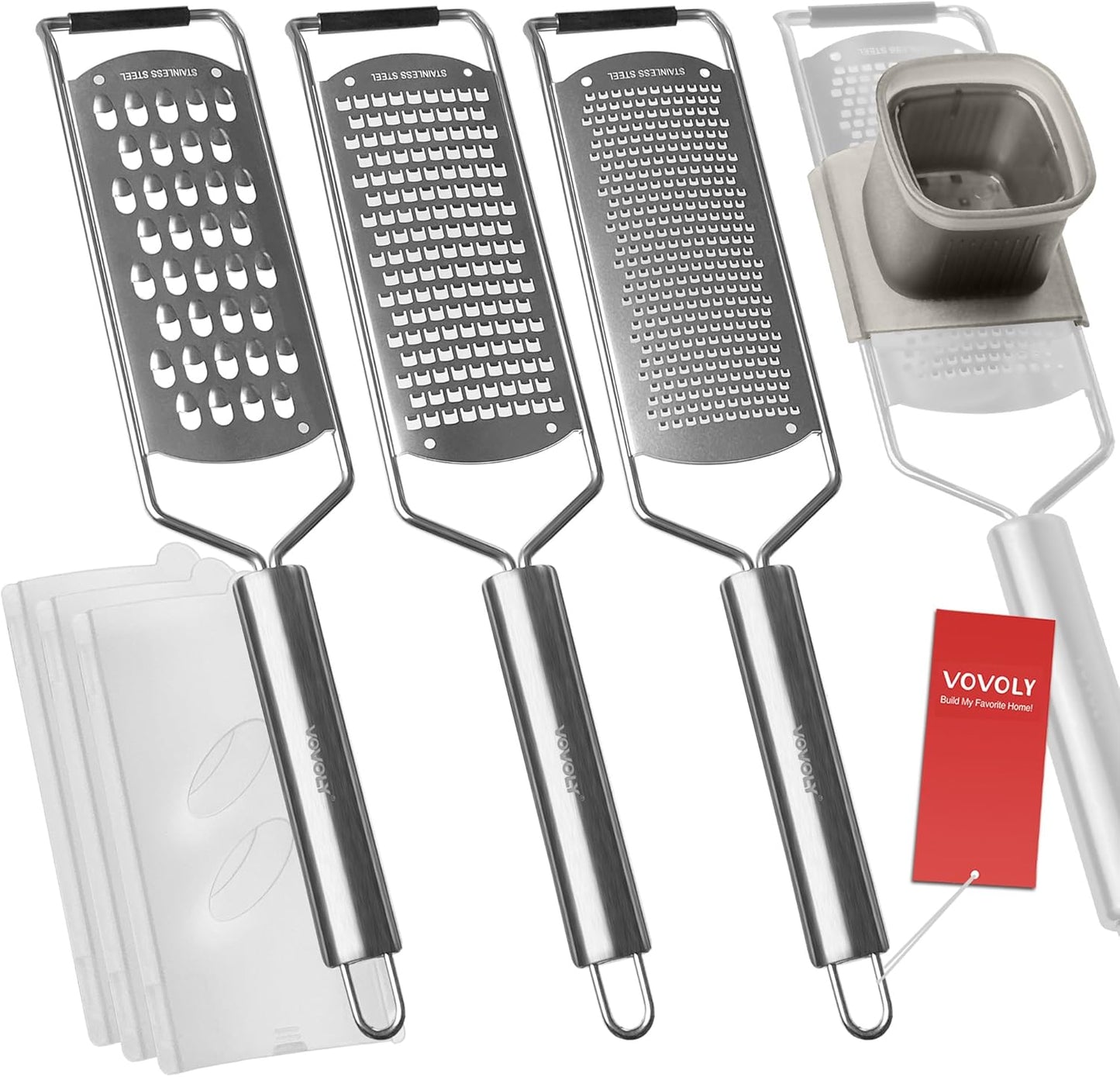 VOVOLY Zester Grater Set, 4 Pack-Fine/Coarse/Extra Coarse/Slider Attachment