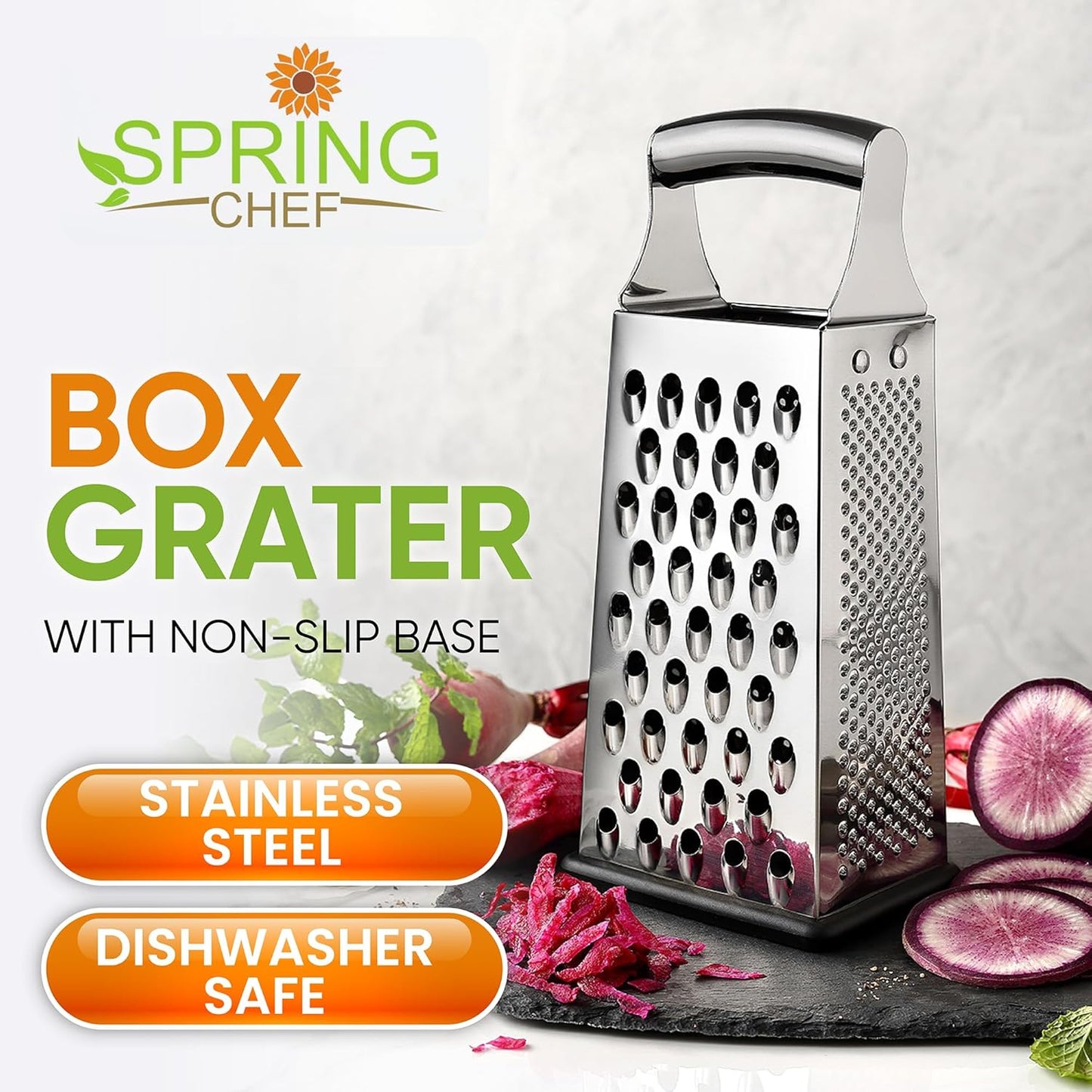Spring Chef Stainless Steel Cheese Grater, Large Box Grater for Kitchen
