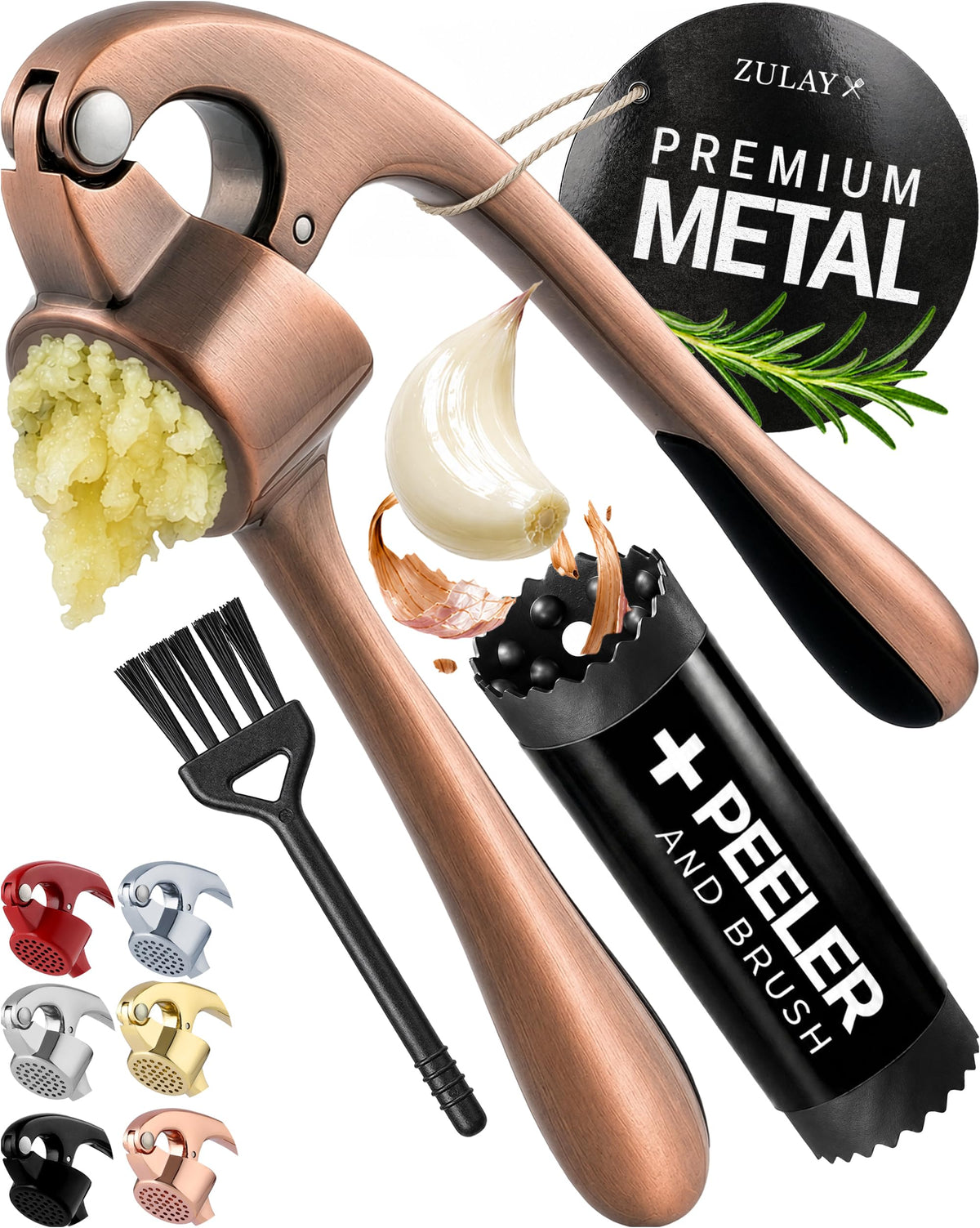 Zulay Kitchen Large Premium Garlic Press Set - Bigger Bowl for Bigger Garlic - Rust Proof Garlic Mincer Tool - Easy-Squeeze, Easy-Clean Silicone Garlic Peeler & Brush (Silver)