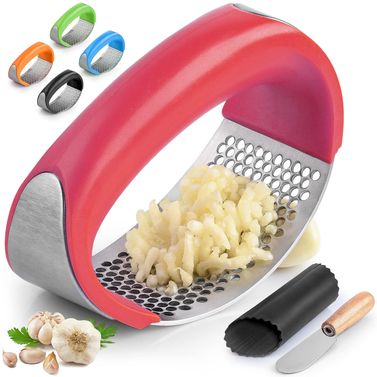 Zulay Kitchen Stainless Steel Garlic Press Rocker Set - Premium Garlic Mincer Garlic Crusher - New Innovative Garlic Crusher with Peeler and Scraper - Comfortable Grip (Black)