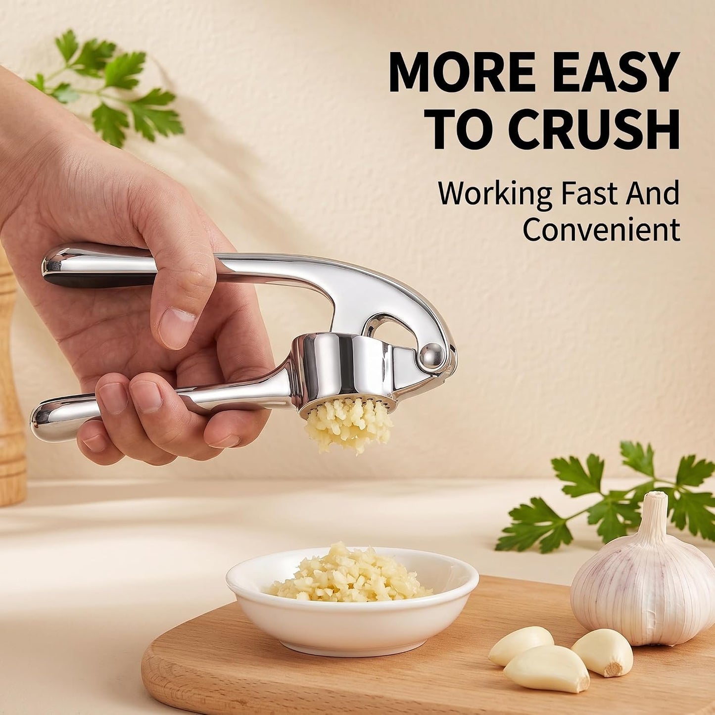 Garlic Press Stainless Steel, 2 in 1 Garlic Mincer & Herb Scissors, Dishwasher Safe Garlic Crusher, Rust Proof Garlic Smasher and Mincer Tool with Peeler and Brush for Kitchen