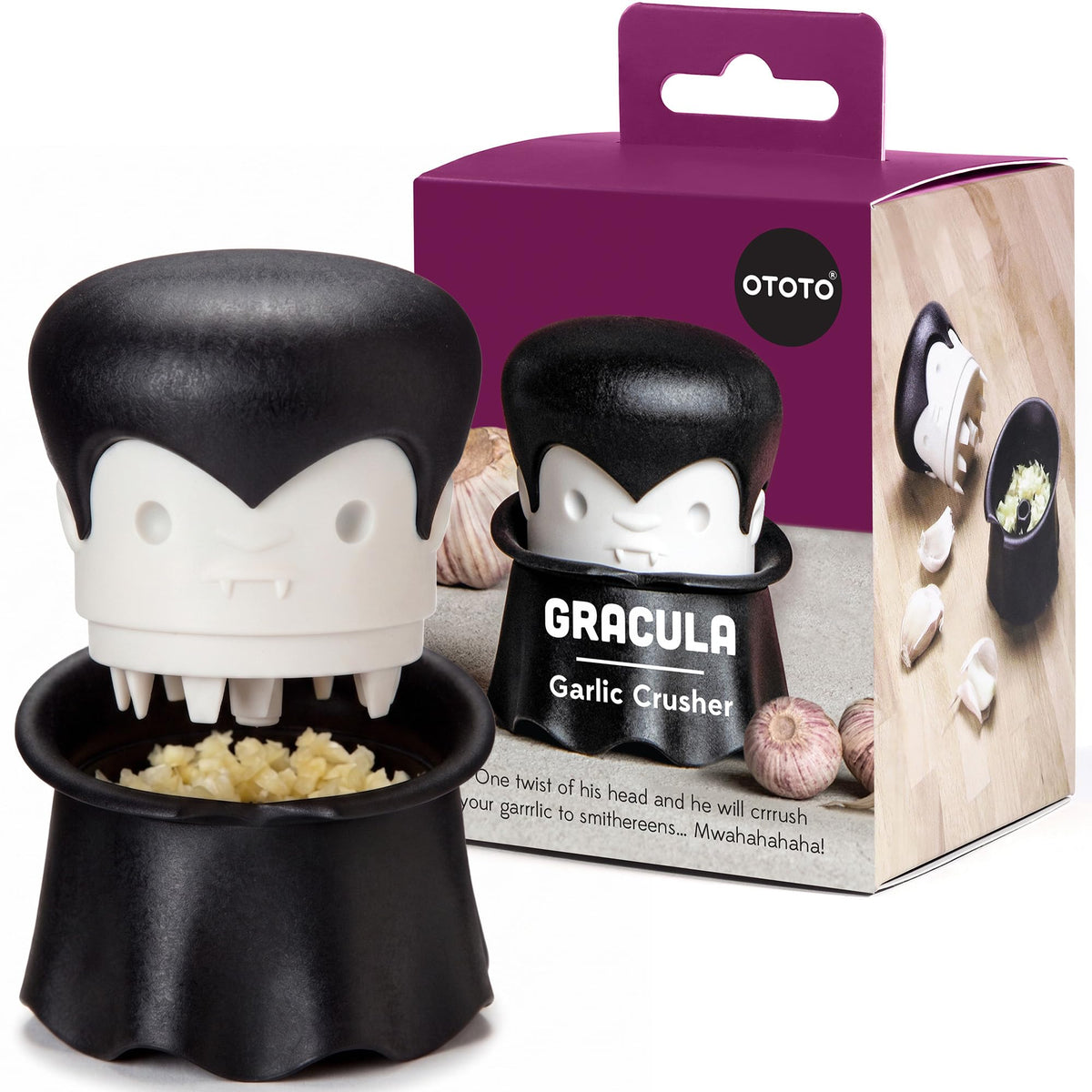 OTOTO Gracula Garlic Press, Garlic Crusher, Garlic Mincer, Also for Ginger, Nuts, Chili, Herbs - Twist Top Mincer & Easy Squeeze Manual Press Peeler, Goth Gifts