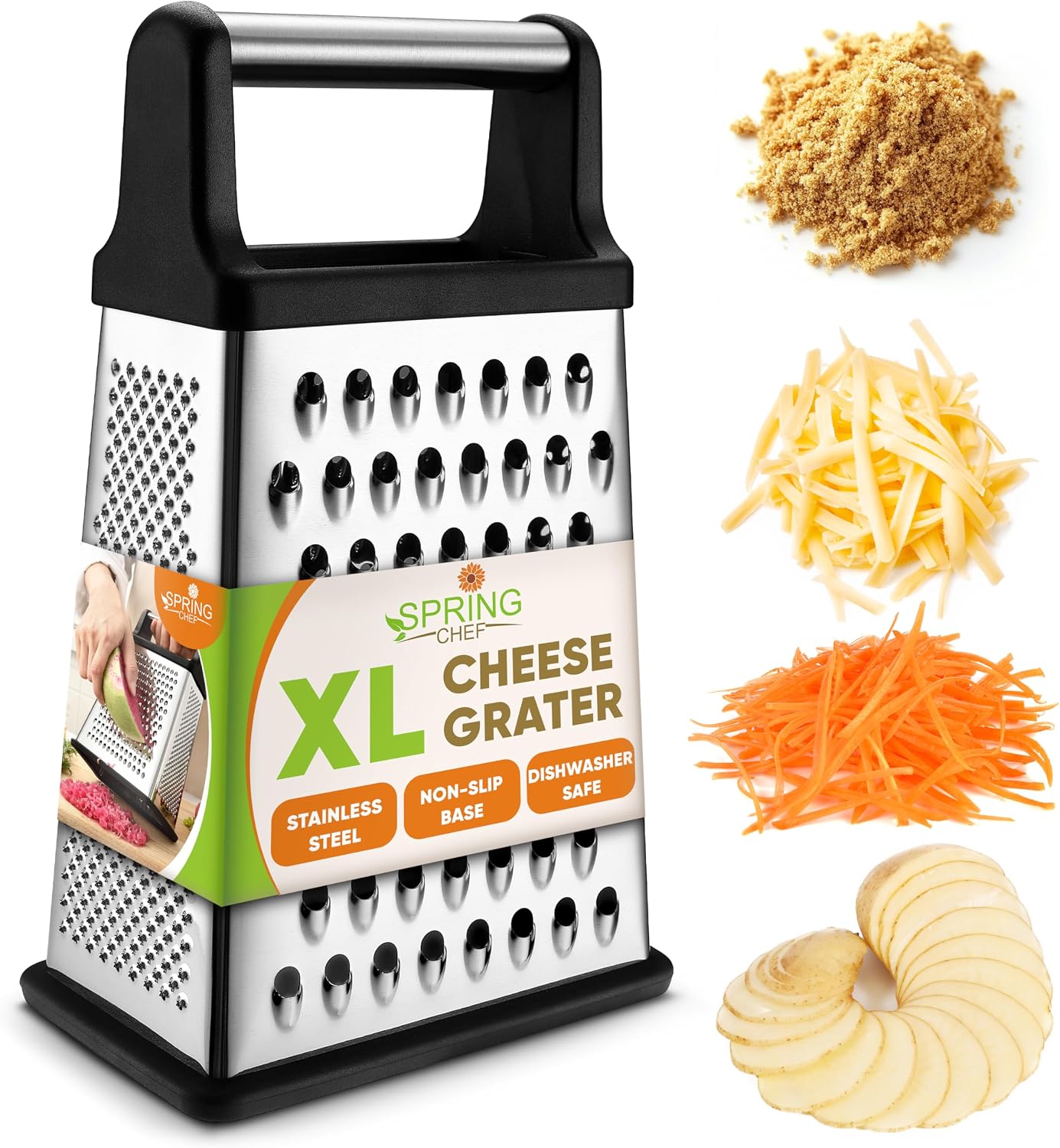 Spring Chef Stainless Steel XL Cheese Grater for Kitchen, Black