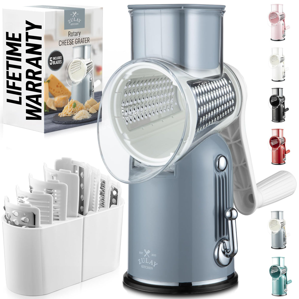 Zulay Kitchen Rotary Cheese Grater 5 Blade Cheese Shredder - Manual Hand Crank Cheese Grater With Reinforced Suction & 5 Interchangeable Drums - Easy to Use, Vegetable Chopper Round Mandoline Slicer