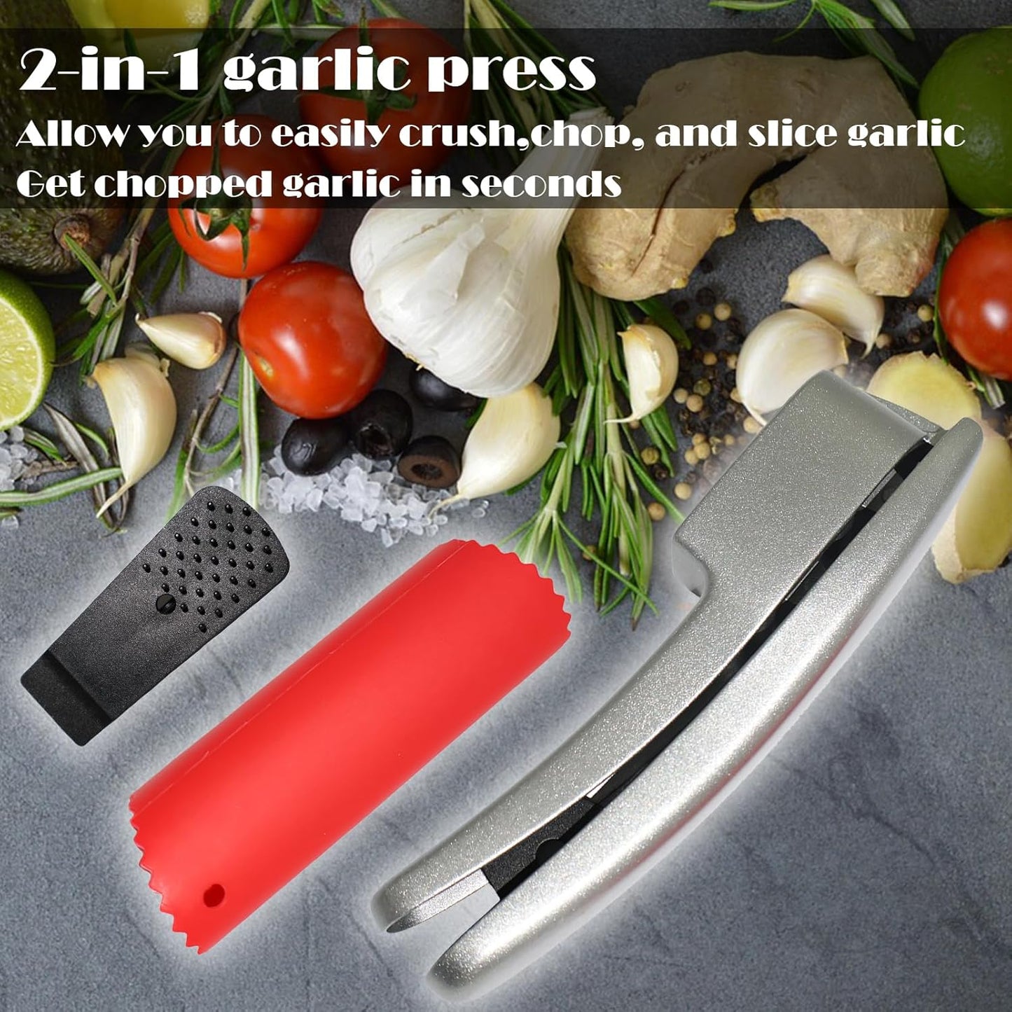 2-in-1 Garlic Press and Slicer, Handle Kitchen Tool for Home Cooking