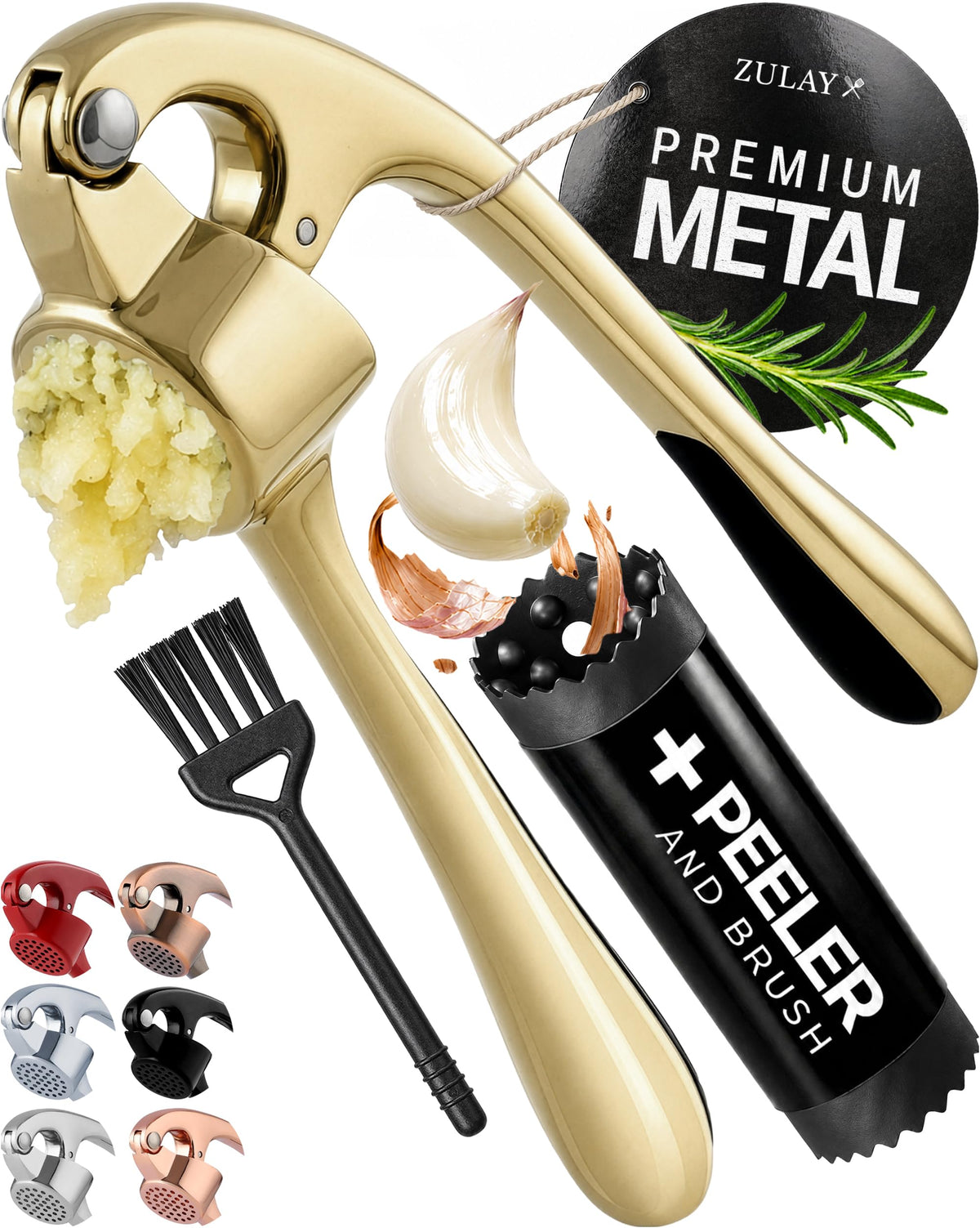 Zulay Kitchen Large Premium Garlic Press Set - Bigger Bowl for Bigger Garlic - Rust Proof Garlic Mincer Tool - Easy-Squeeze, Easy-Clean Silicone Garlic Peeler & Brush (Silver)