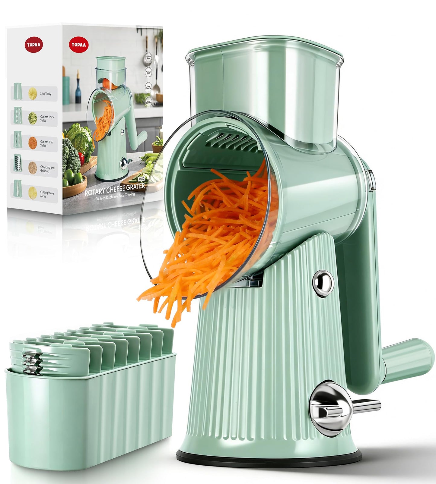 Rotary Cheese Grater with Handle - Vegetable Shredder with 5 Blades & Strong Suction Base, Round Slicer & Food Chopper for Kitchen (White)