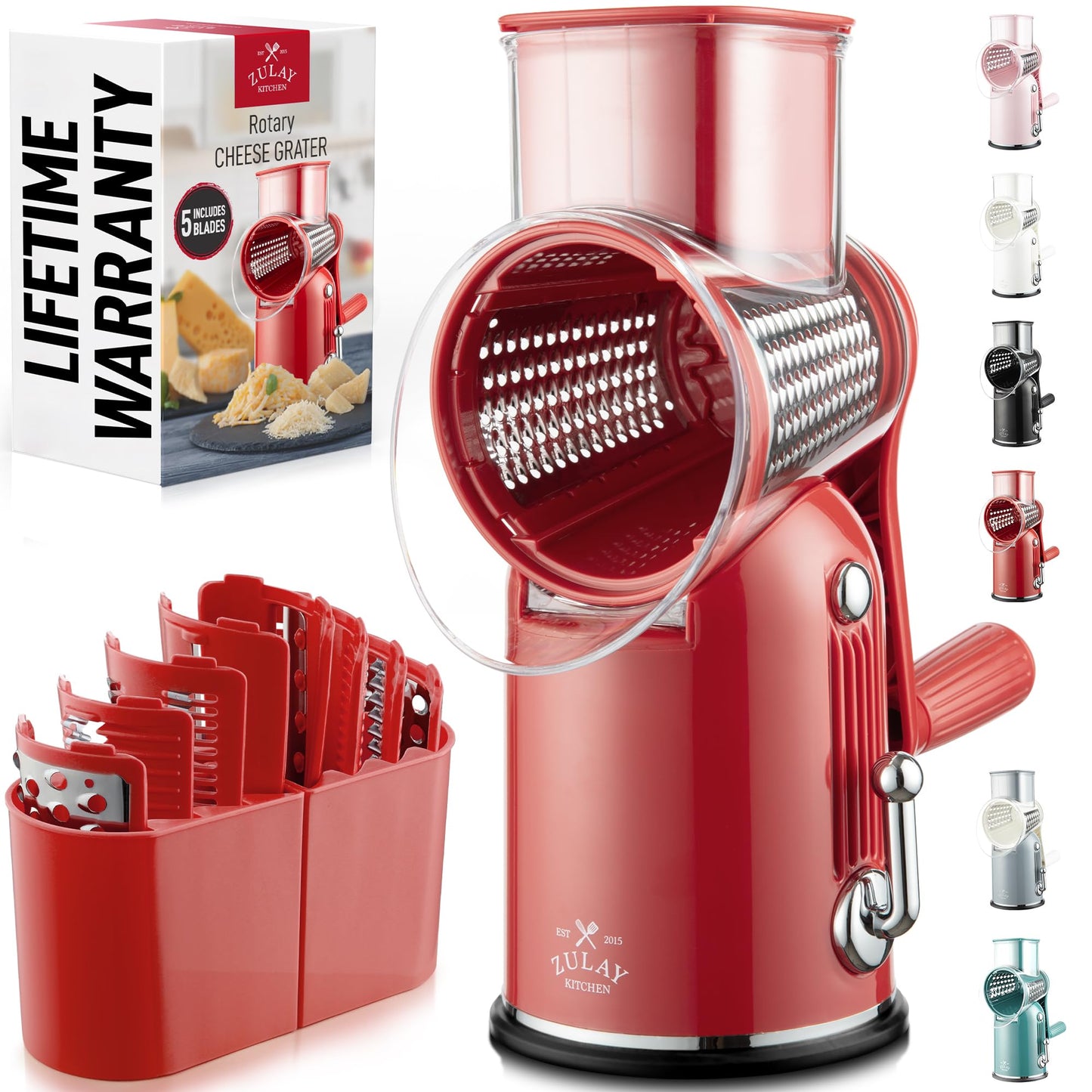 Zulay Kitchen Rotary Cheese Grater 5 Blade Cheese Shredder - Manual Hand Crank Cheese Grater With Reinforced Suction & 5 Interchangeable Drums - Easy to Use, Vegetable Chopper Round Mandoline Slicer