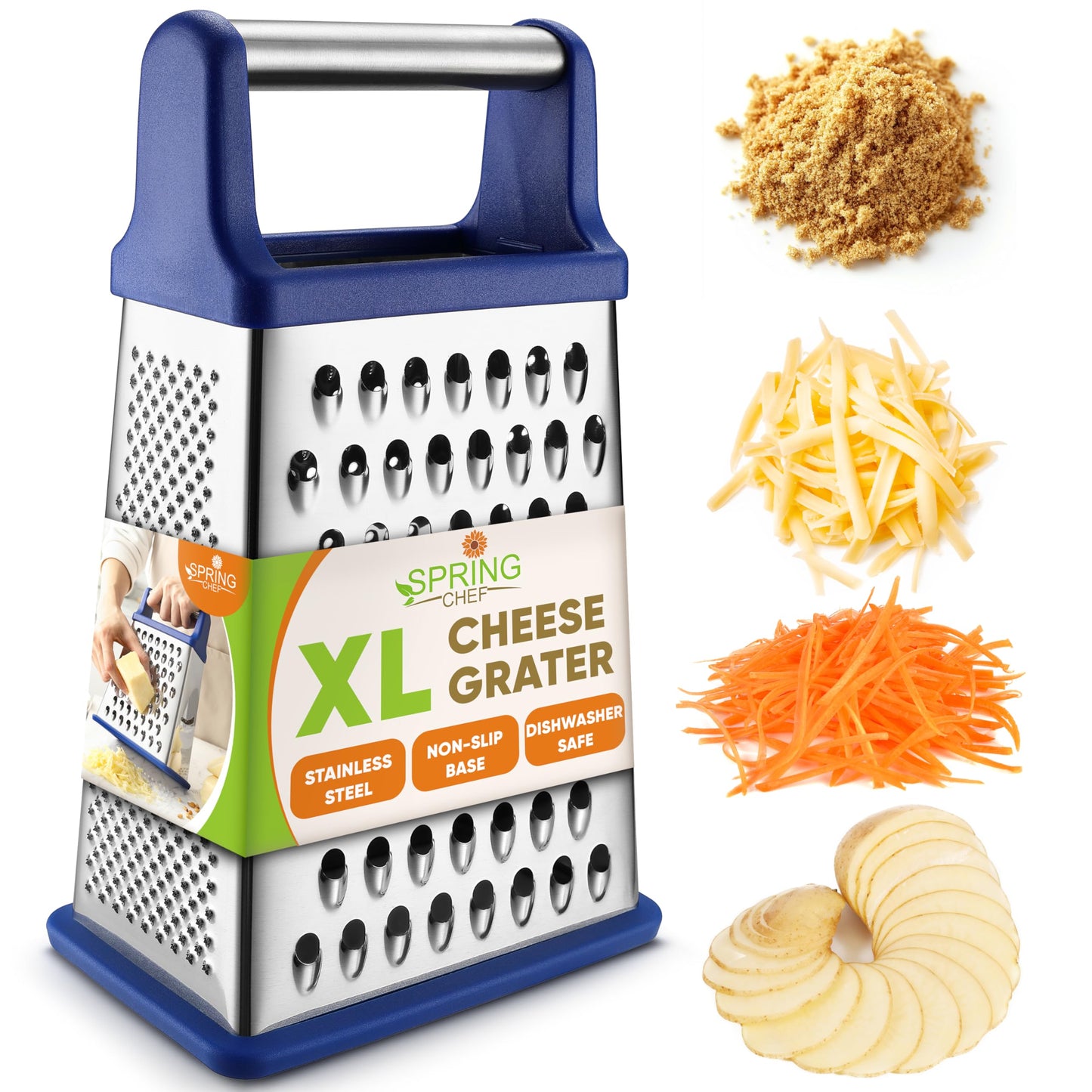 Spring Chef Stainless Steel XL Cheese Grater for Kitchen, Black
