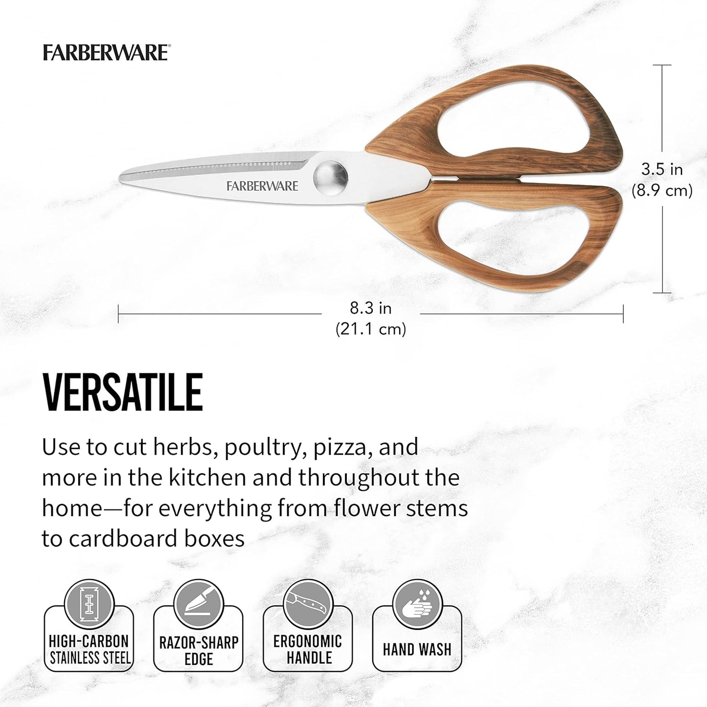 Farberware All-Purpose Kitchen Shears with Faux Wood-Grain Finish Handles, Stainless Steel Blades, Multipurpose Scissors for Meat, Herbs, and More