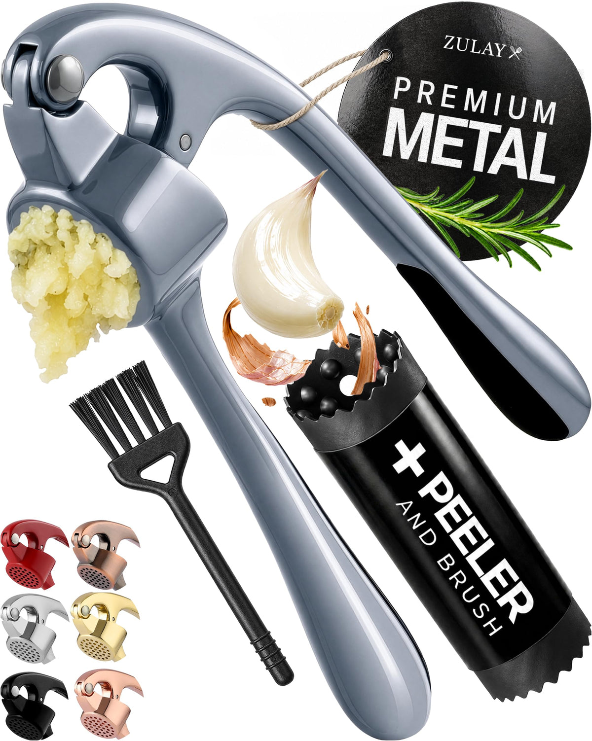 Zulay Kitchen Premium Garlic Press Set - Rust Proof Professional Garlic Mincer Tool - Easy-Squeeze, Easy-Clean with Soft, Ergonomic Handle - Silicone Garlic Peeler & Brush (Silver)