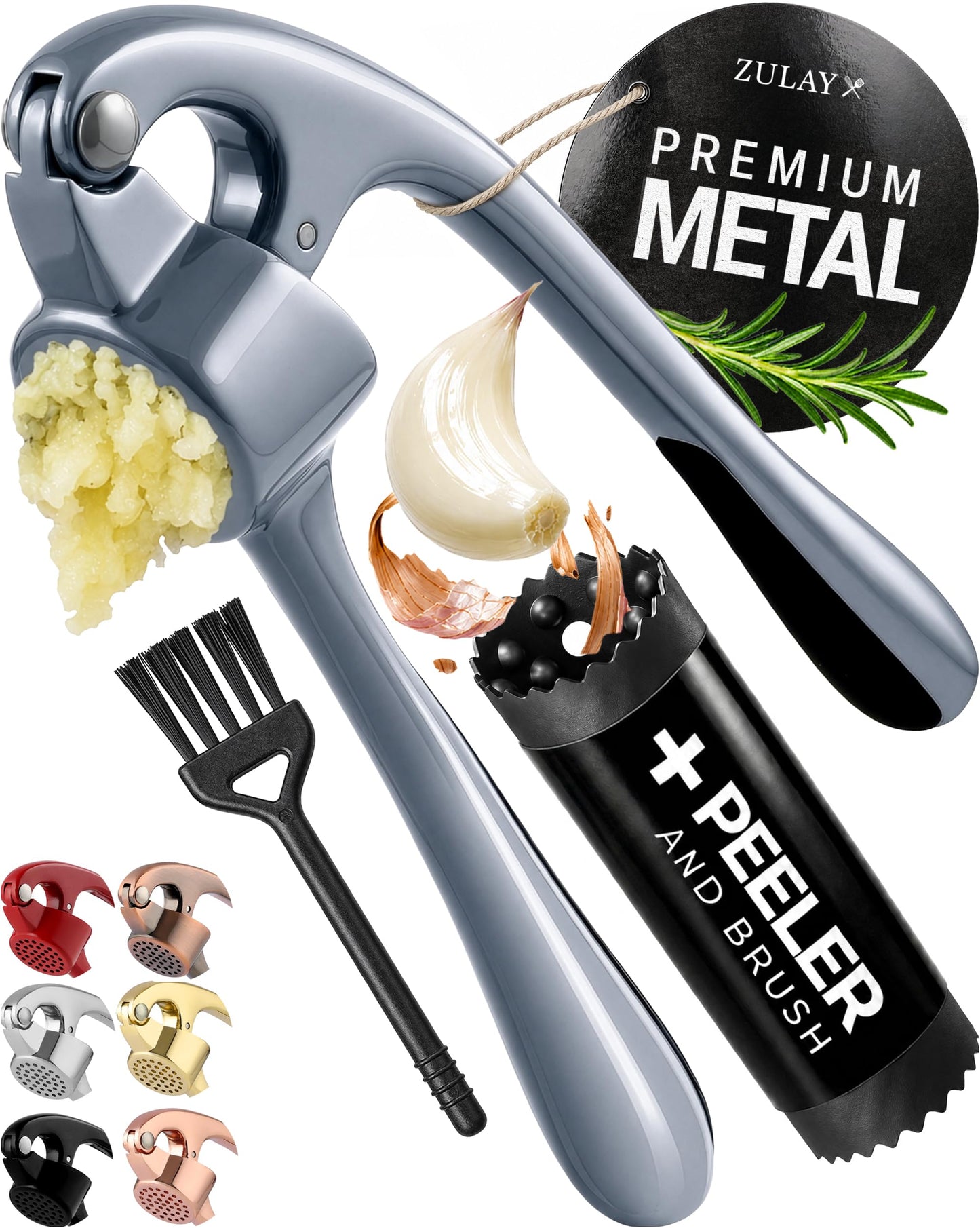 Zulay Kitchen Large Premium Garlic Press Set - Bigger Bowl for Bigger Garlic - Rust Proof Garlic Mincer Tool - Easy-Squeeze, Easy-Clean Silicone Garlic Peeler & Brush (Silver)