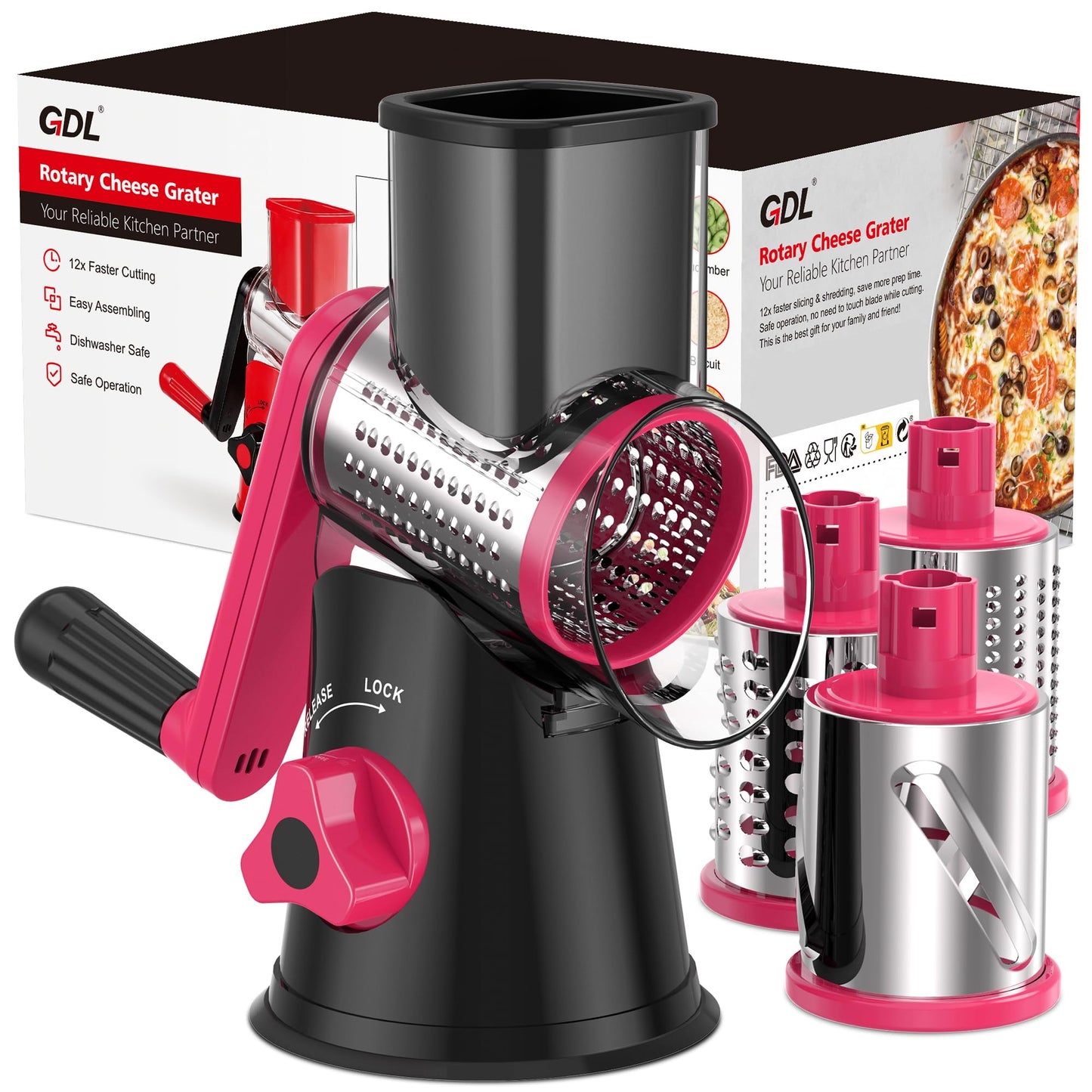 GDL Cheese Grater Hand Crank, Rotary Cheese shredder, Vegetable Slicer