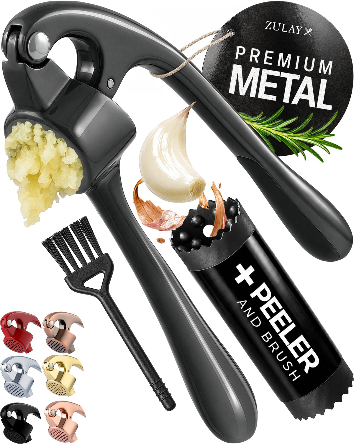 Zulay Kitchen Large Premium Garlic Press Set - Bigger Bowl for Bigger Garlic - Rust Proof Garlic Mincer Tool - Easy-Squeeze, Easy-Clean Silicone Garlic Peeler & Brush (Silver)