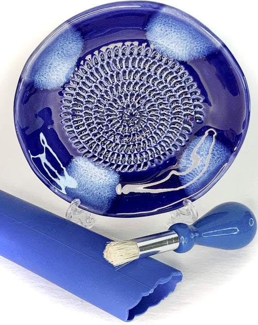 BonCera, Premium Ceramic Garlic Grater Plate Set - Blue Cross Glazed