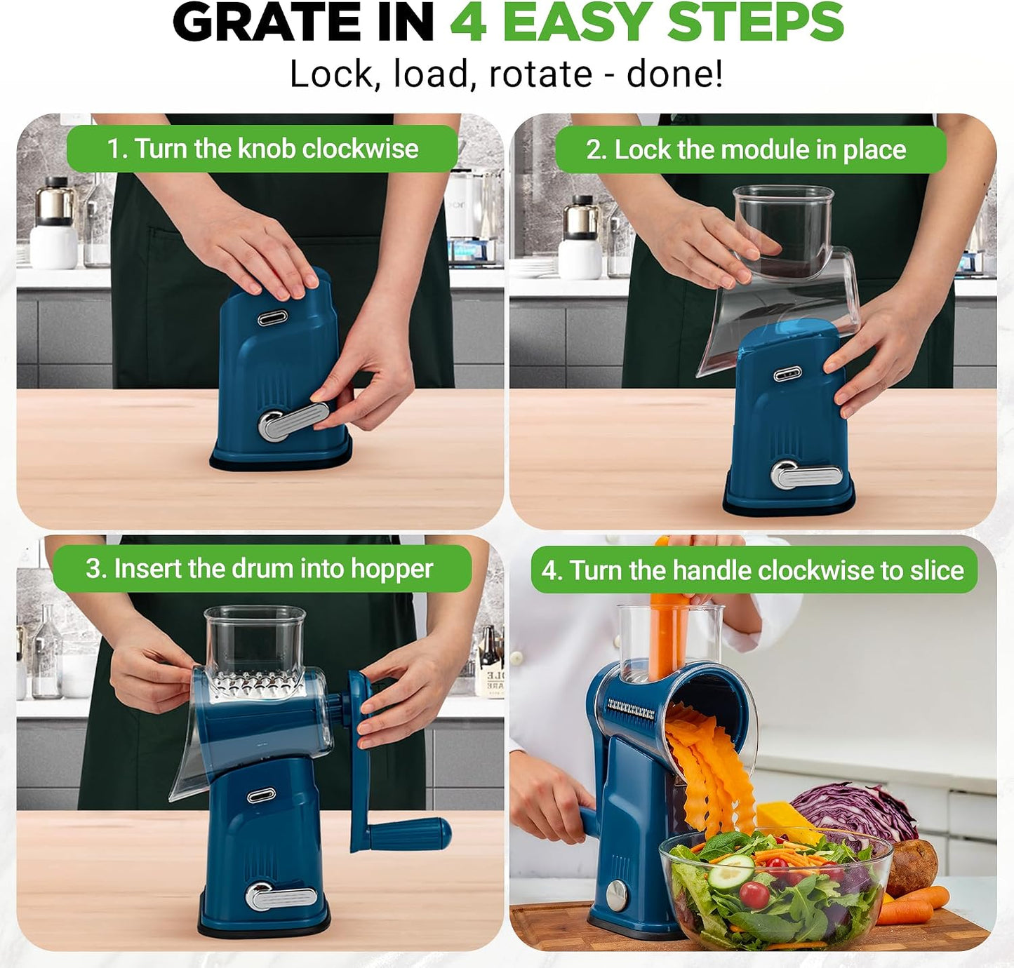 NutriChef 5 in 1 Cheese Grater & Shredder | 5 Different Blades for Thin, Thick, Julienne Strips, Wavy, & Straight Strips | Includes Hand Crank, Strong Suction Base & Storage Container | Blue