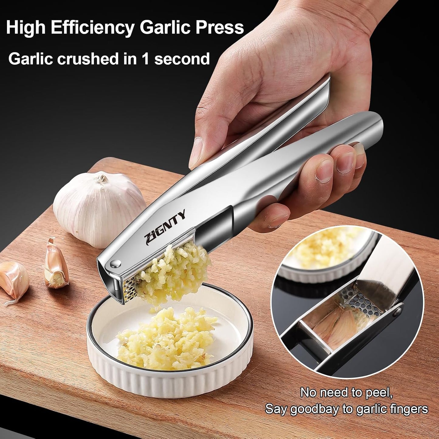 Garlic Press Stainless Steel, Garlic Mincer Tool No Need to Peel
