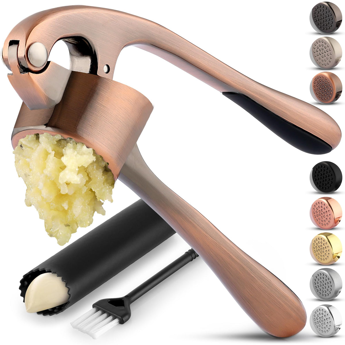 Zulay Kitchen Large Premium Garlic Press Set - Bigger Bowl for Bigger Garlic - Rust Proof Garlic Mincer Tool - Easy-Squeeze, Easy-Clean Silicone Garlic Peeler & Brush (Silver)
