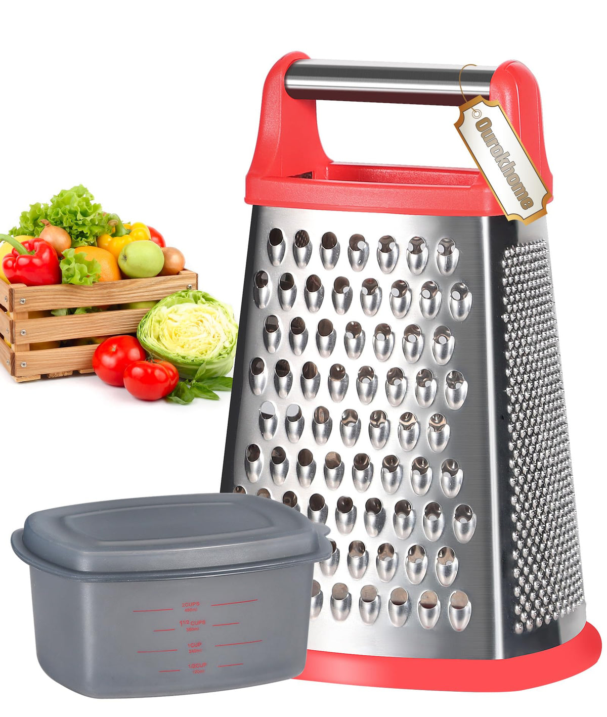 Ourokhome Cheese Grater, Handheld Box Grater with Container & Lid, 4-Sided Stainless Steel for Kitchen, Wavy Julienne, Slicer, Coarse Shred & Fine Zester, Non-Slip Base, Dishwasher Safe, 8 Inch