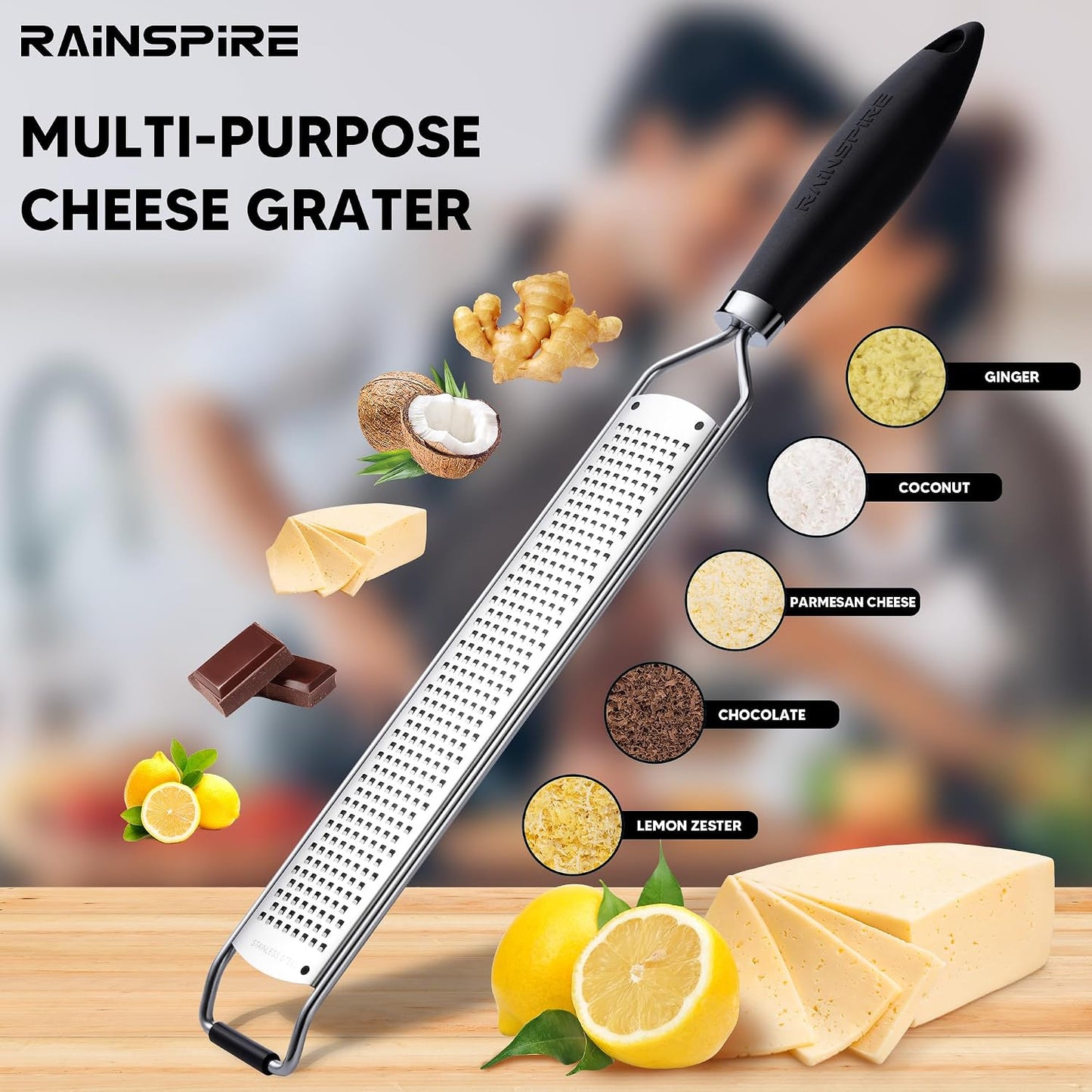 304 Stainless Steel Citrus Lemon Zester Spice Ginger Garlic Grater Black