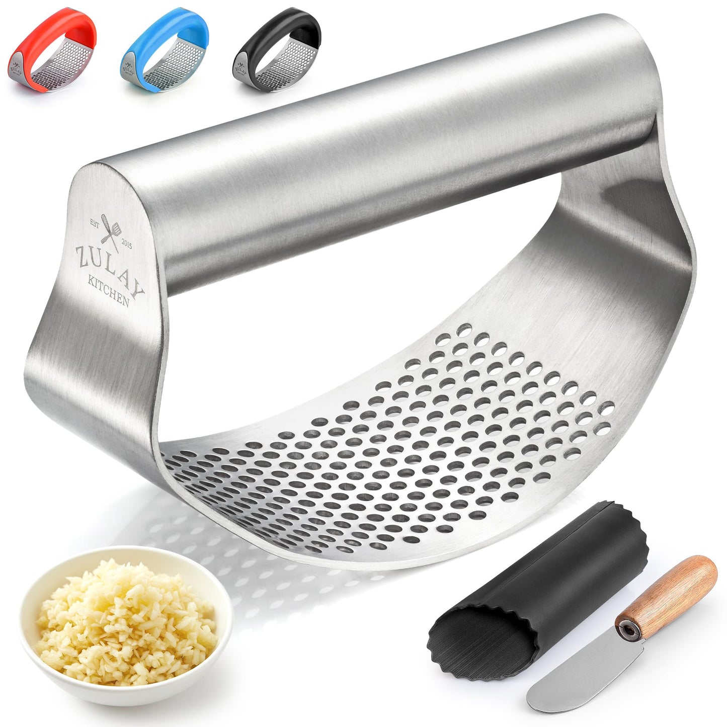 Zulay Kitchen Premium Garlic Press Set - Rust Proof Professional Garlic Mincer Tool - Easy-Squeeze, Easy-Clean with Soft, Ergonomic Handle - Silicone Garlic Peeler & Brush (Silver)